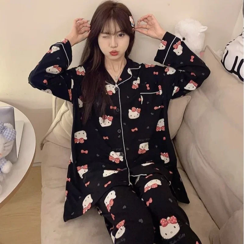 Pyjama imprimé Kawaii Sanurgente Hello Kitty pour femme, cardigan à revers chat KT, manches longues, pantalon, ensemble de vêtements d'intérieur 2 pièces, printemps, automne