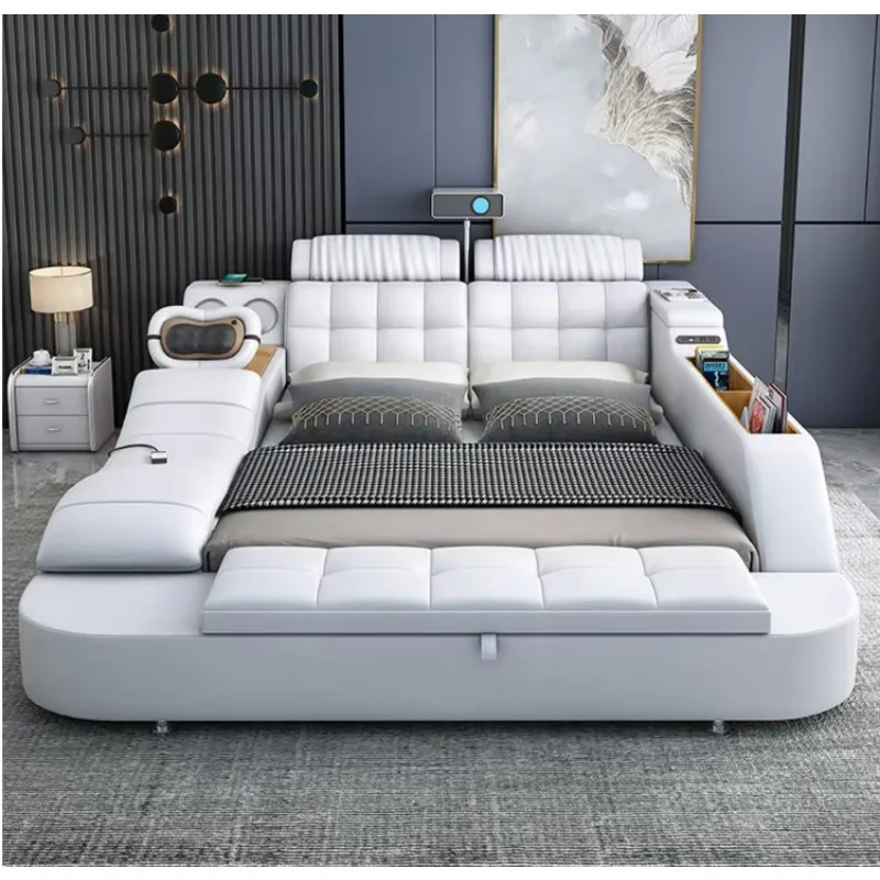 

2023 Newly Designed Luxury Leather Smart Bed Multi-functional Bed King Size Storage Massage Music Custom Bedroom Furniture