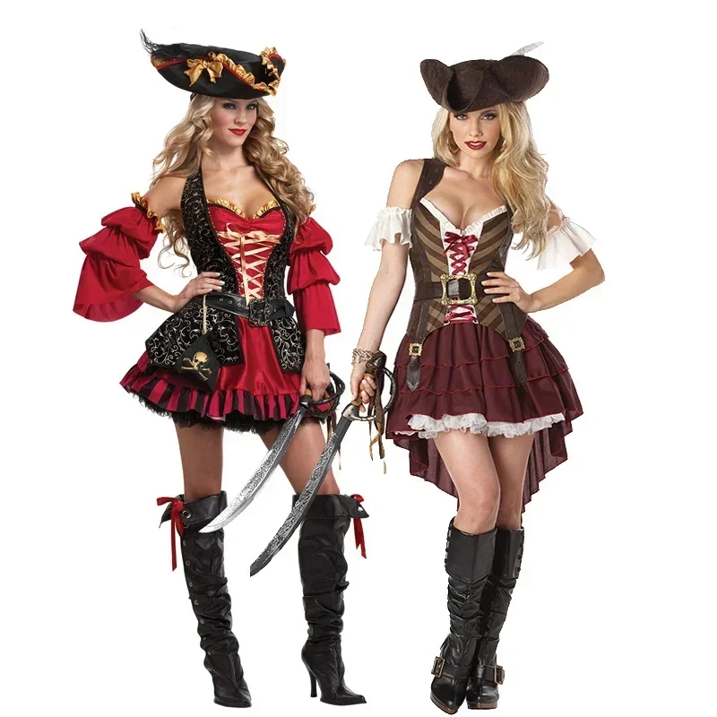 Lady Carnival Halloween Caribbean Pirates Elizabeth Costume Captain Huntress Clubwear Play Suit Cosplay Fancy Party Dress