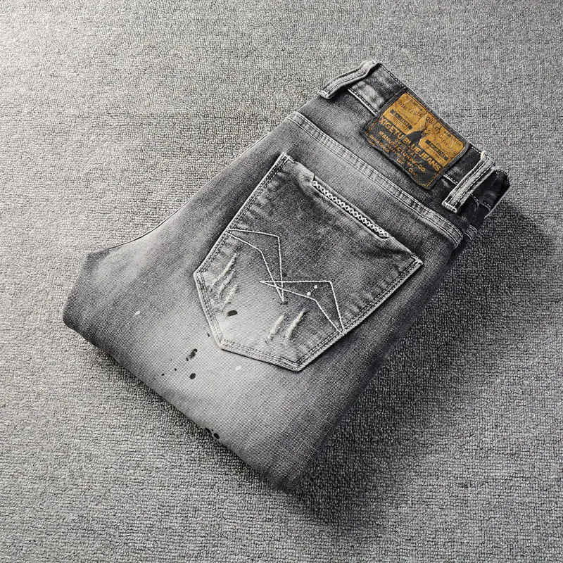 Newly Vintage Fashion Men Jeans High Quality Retro Black Gray Elastic Slim Fit Painted Ripped Jeans Patched Designer Denim Pants