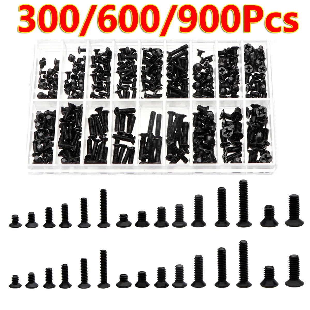 

300/600/900Pcs Black Flat Head Screw Kit M2/M2.5/M3 Laptop Small Screws For Laptop Notebook Screws Set Kit PC Computer Glasses