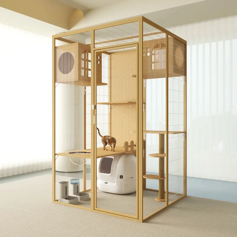 Customize Large Cat Cage & Villa Luxury Glass Wood Cat House with Button Closure Full-View Indoor Cat Condo & Kennel for Pets
