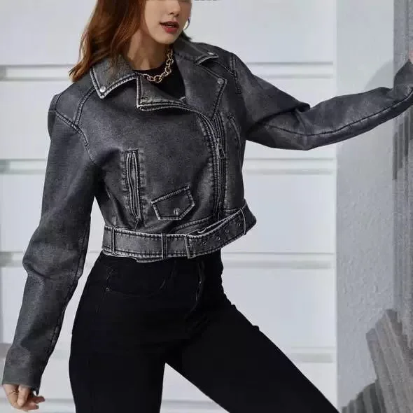 Chaqueta de cuero informal para mujer, comercio de otoño, estilo antiguo de motocicleta, Color sólido, nueva lavandería procesada
