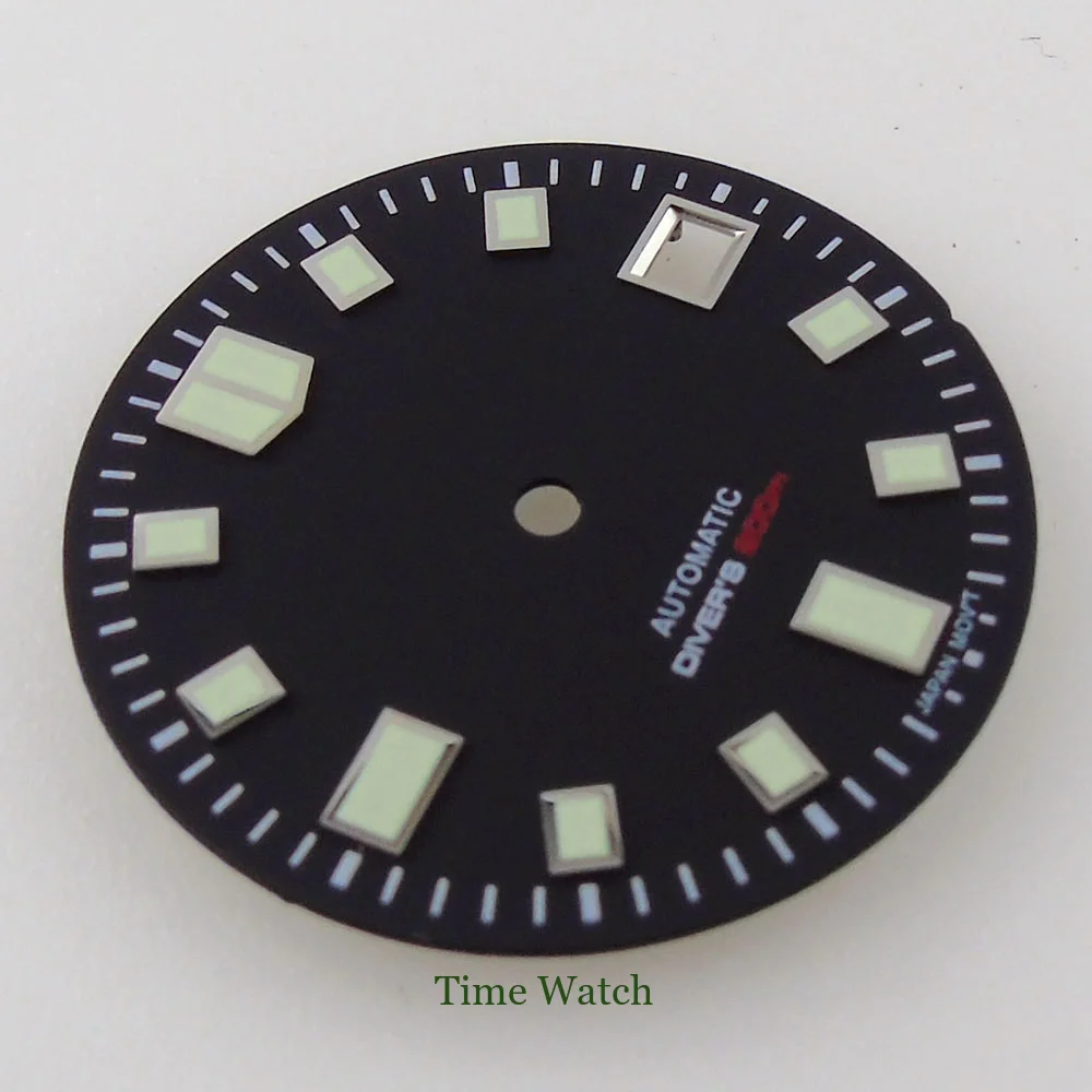 Luminous 29mm Black Watch Dial Spare Parts Fit For NH35/NH35A Movement Date