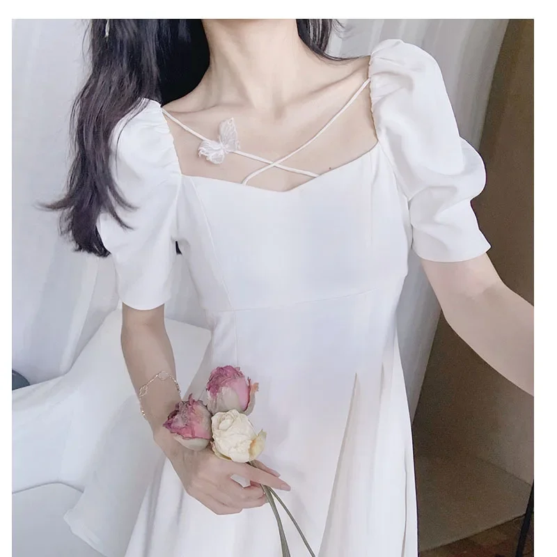 

Summer Women White Temperament Cottagecore Fairy Dress Square Collar High Waist Thin Gentle Dresses Soild Color Mori Girl Dress