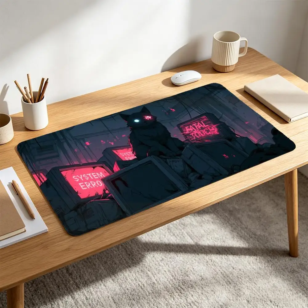 Cyberpunk Black Cat Large Gaming Mouse Pad Glitch System Error Retro Monitor Non‑Slip Desk Mat for Office Card Game Esports Home