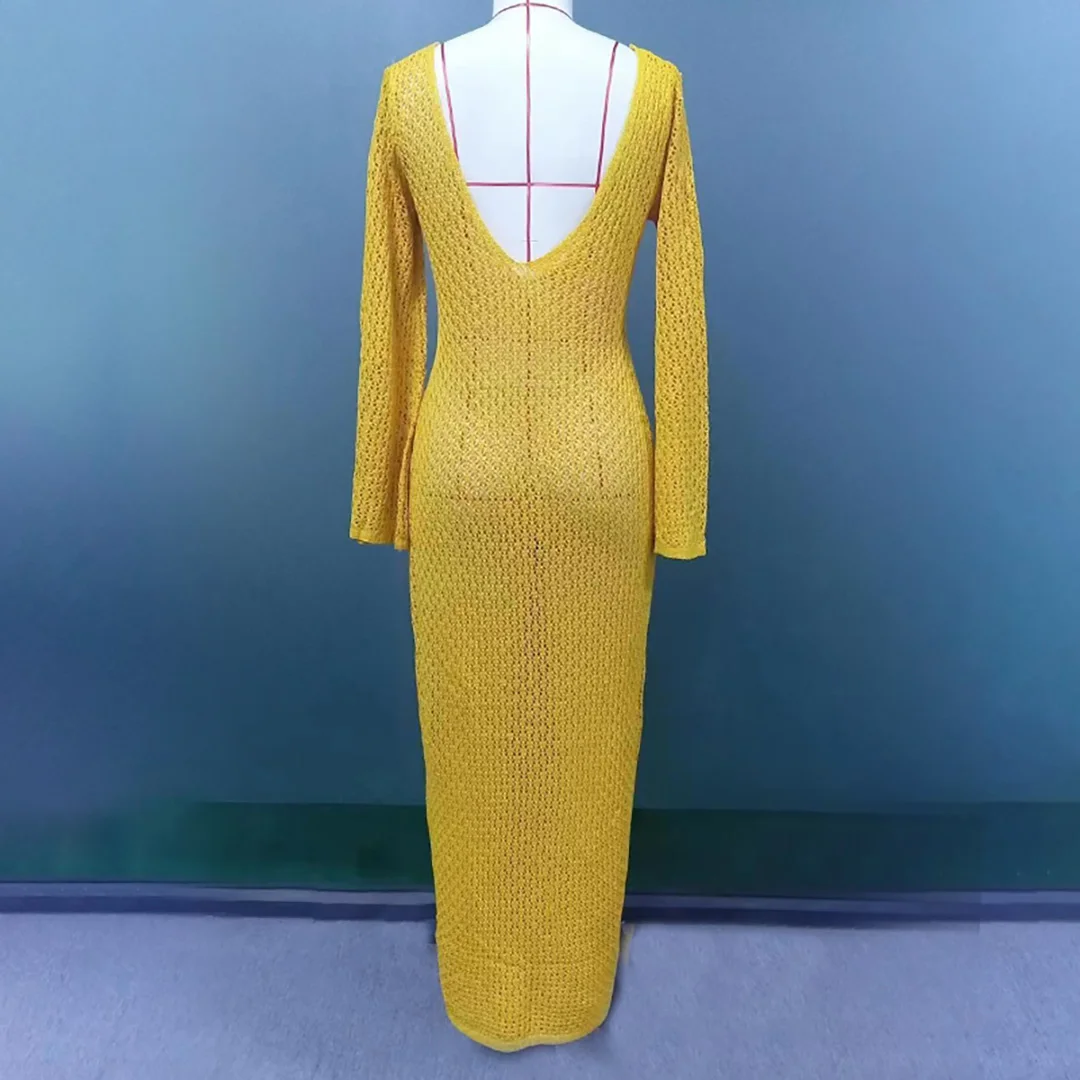 8 Farben, V-Ausschnitt, langärmeliges, gehäkeltes, gestricktes Tunika-Strandkleid, Strandmode, Strandbekleidung, Strand-Cover-up, Damen, V5046 – Detail 24