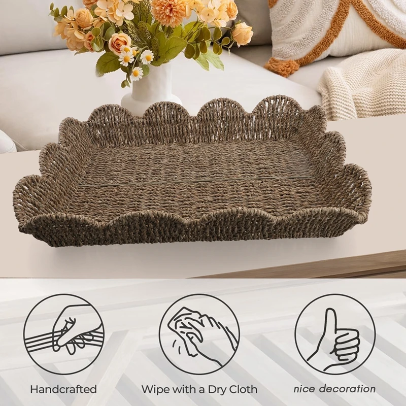 صينية حافة كبيرة على شكل مروحة من الخوص، صينية مستطيلة، صينية منسوجة يدويًا على شكل مروحة، صينية خوص مزخرفة