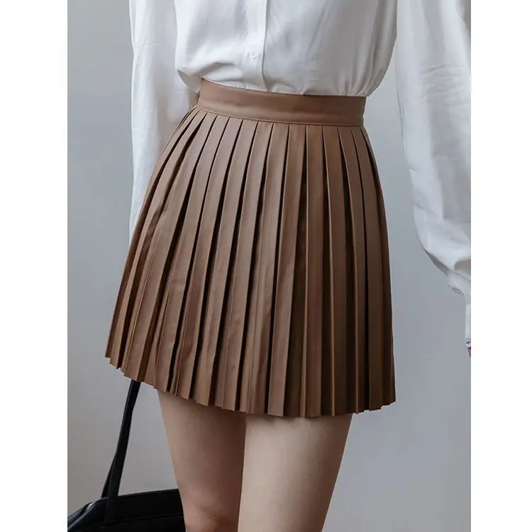 2023 leather skirt skirt women's spring and autumn new high waist thin PU leather pleated skirt A-line short skirt small size