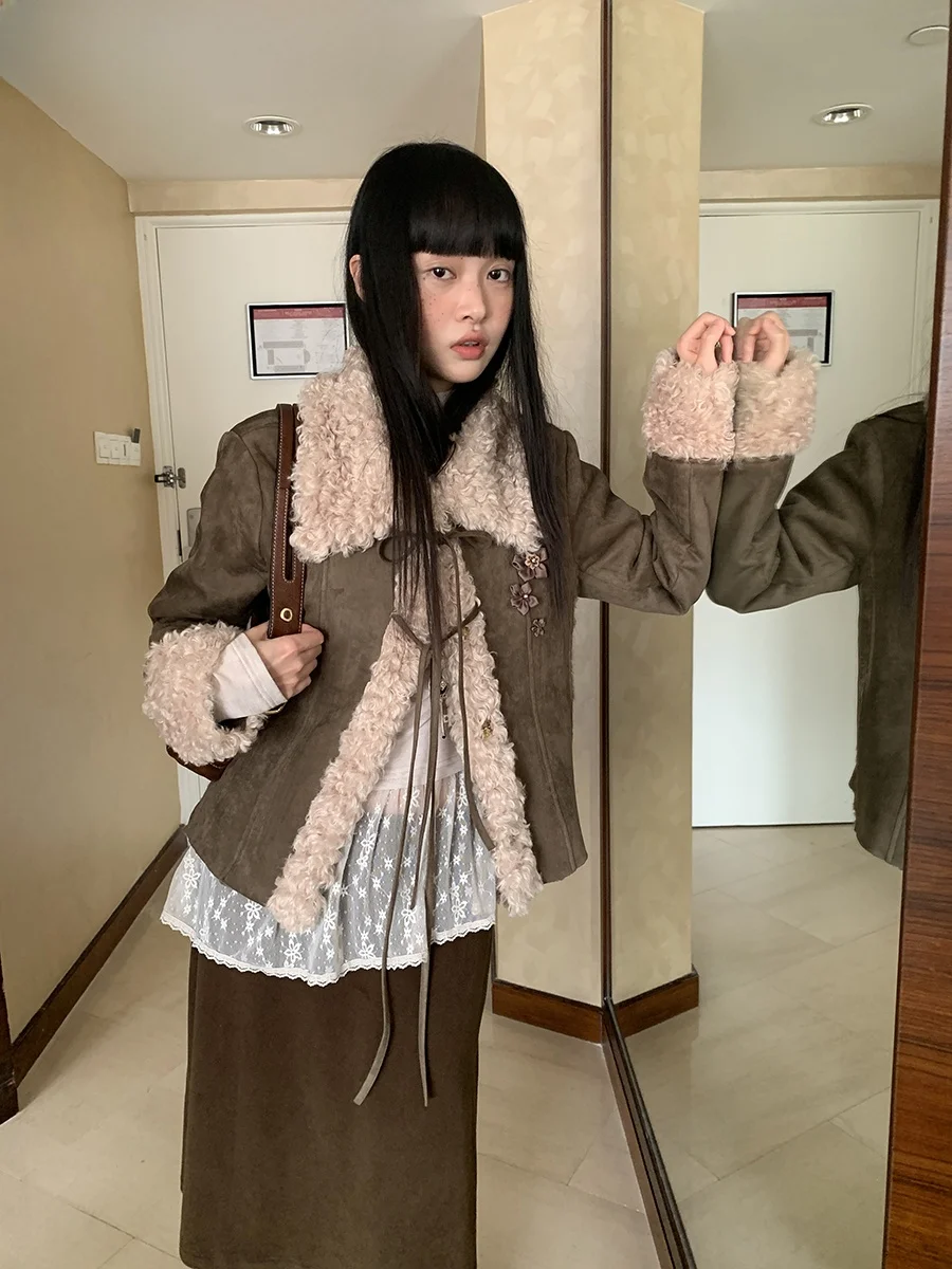 

Замшевое пальто ручной работы с цветочным принтом Rt NOTJUSTHIM в стиле пэчворк с меховым воротником, женское хлопковое пальто, прямая трубка, длинное свековое круглое Ne