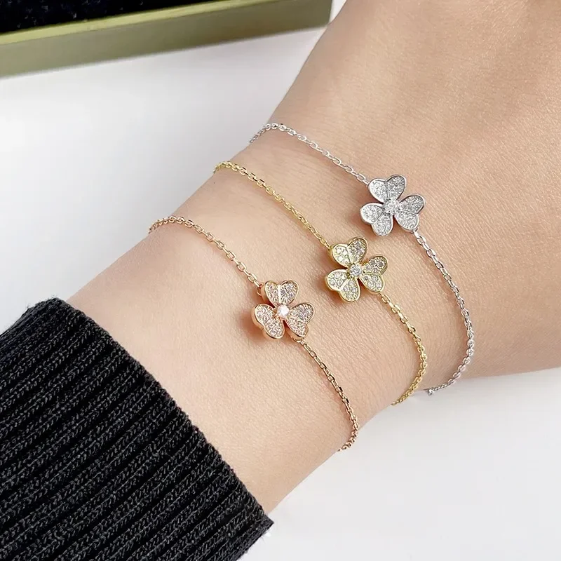 Trendy Famous Brand 925 Sterling Sliver Luxury Jewelry Classical Mini Clover Full Diamond Bracelets For Women Hight Quality Gift