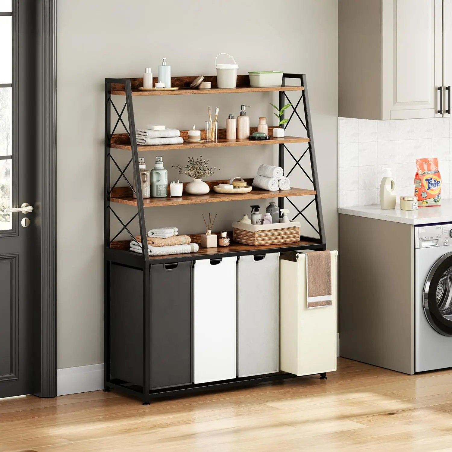 Laundry Basket, 4 Section Laundry Hamper with 4 Tiers Shelf, Pull-Out and Removable Laundry Bags, Large 4 x 15.87, Customized