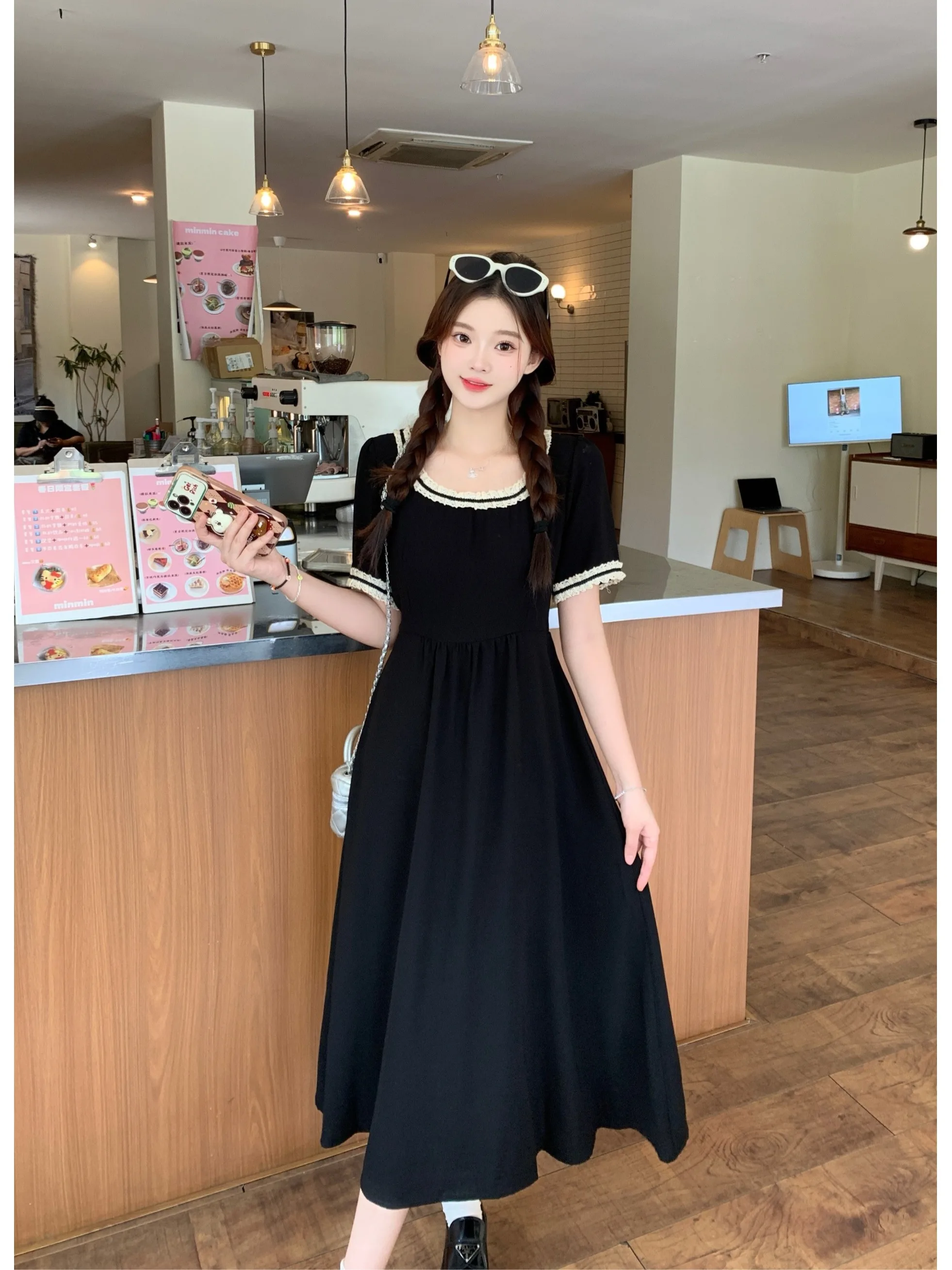 

plus Size Slimming Hepburn Style Summer New Lace Trimed Short Sleeve A-Line Dress Casual Polyester Fiber round Neck Dress