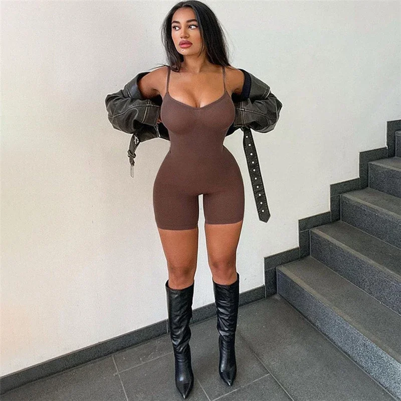 Solid Spaghetti Straps Playsuit Women Sexy V Neck Sleeveless Skinny Shorts Jumpsuit Spring Summer High Stretchy Fitness Overalls