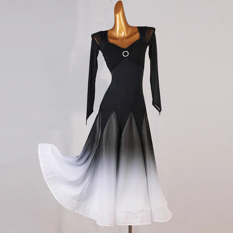 V‑neck mesh long sleeve big swing dance dress with ring decor on chest and black‑white gradient skirt,suitable for ballroom danc