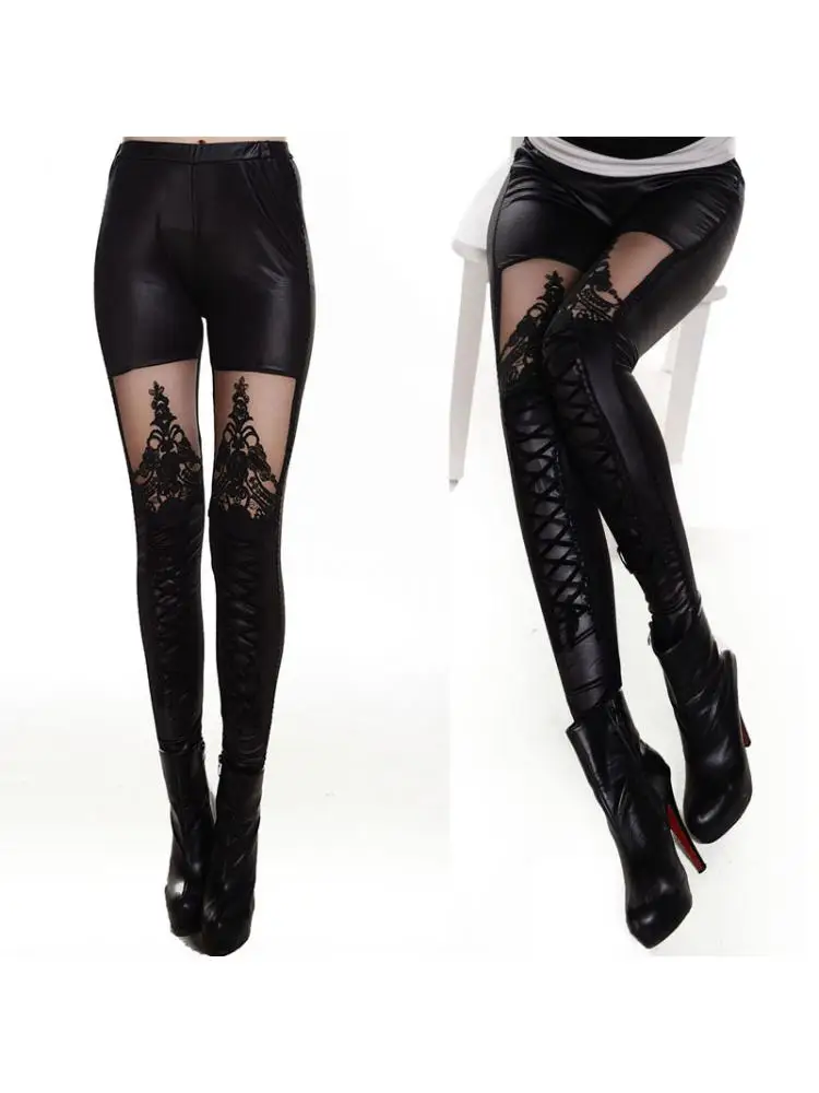 

Women Sexy Leggings Autumn New Punk Style Lace Embroidered Binding Leather Stitched Nine Point Pants Stitching Black