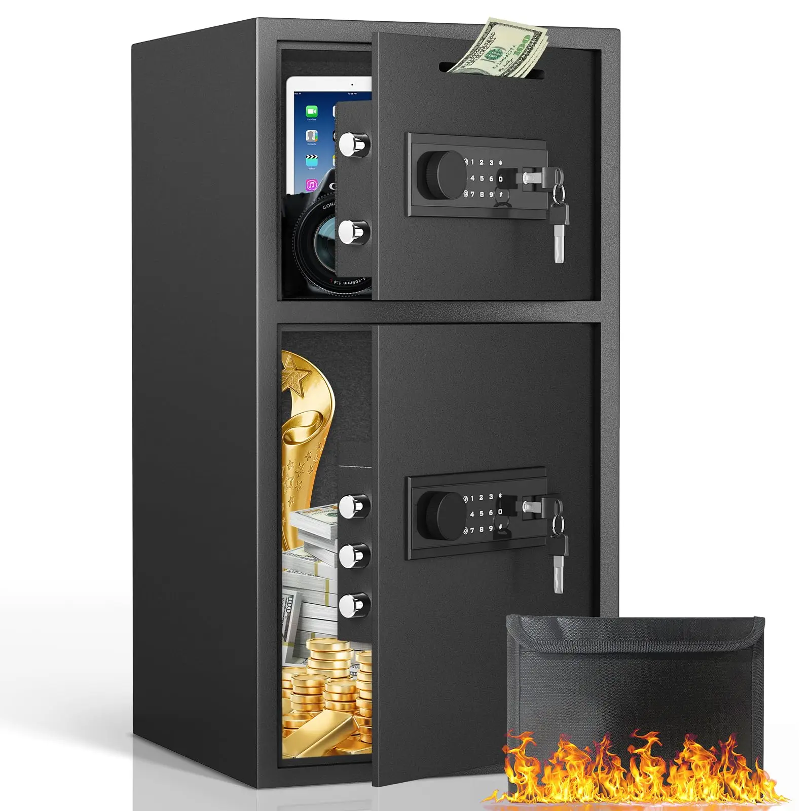 

Очень большой цифровой сейф 6,0 куб. футов с огнестойкой водонепроницаемой сумкой, домашним сейфом со слотом для депозита и металлическим ящиком для хранения