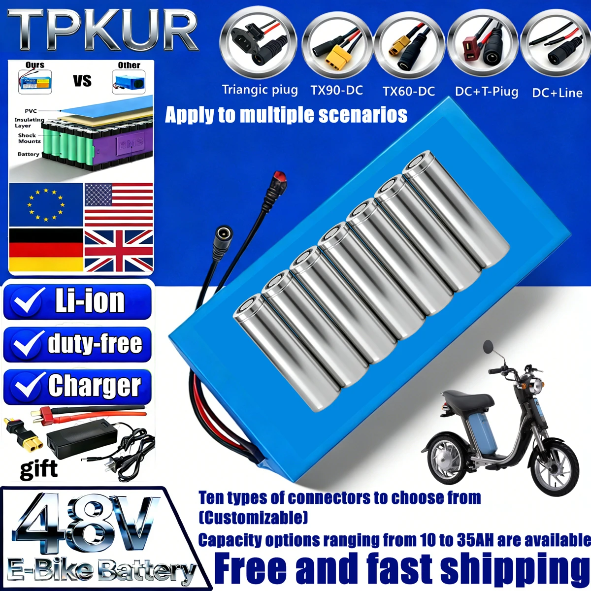 Durable 48V Lithium Ion Battery BMS Overcharge Protection 10-35Ah All Scenes 250-1500W Powered Device
