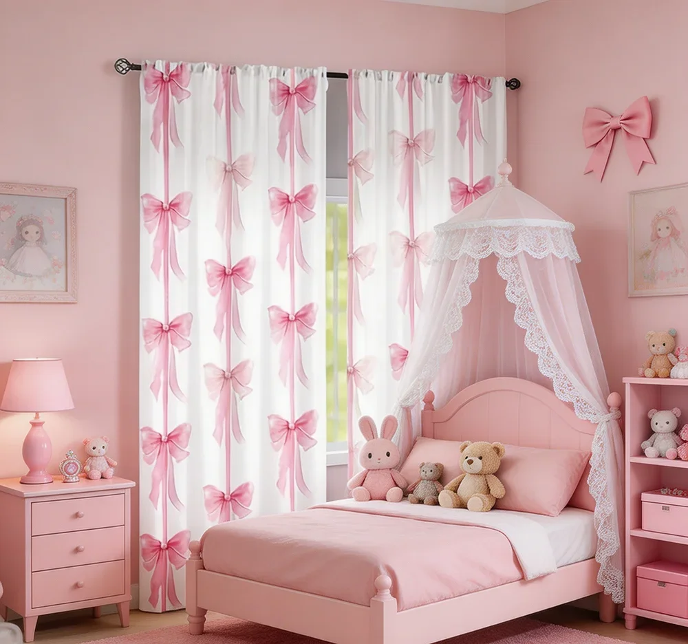 2PCS Digital Printed Curtains, Pink Cosmetic Bow Knot Sweet Girly, Rod Pocket Window Drapes for Living Room Bedroom Decor