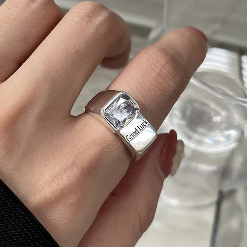 

Real 925 Sterling Silver Zircon Square Geometric Opening Ring for Women Trendy Good Luck Fine Jewelry Minimalist Accessories