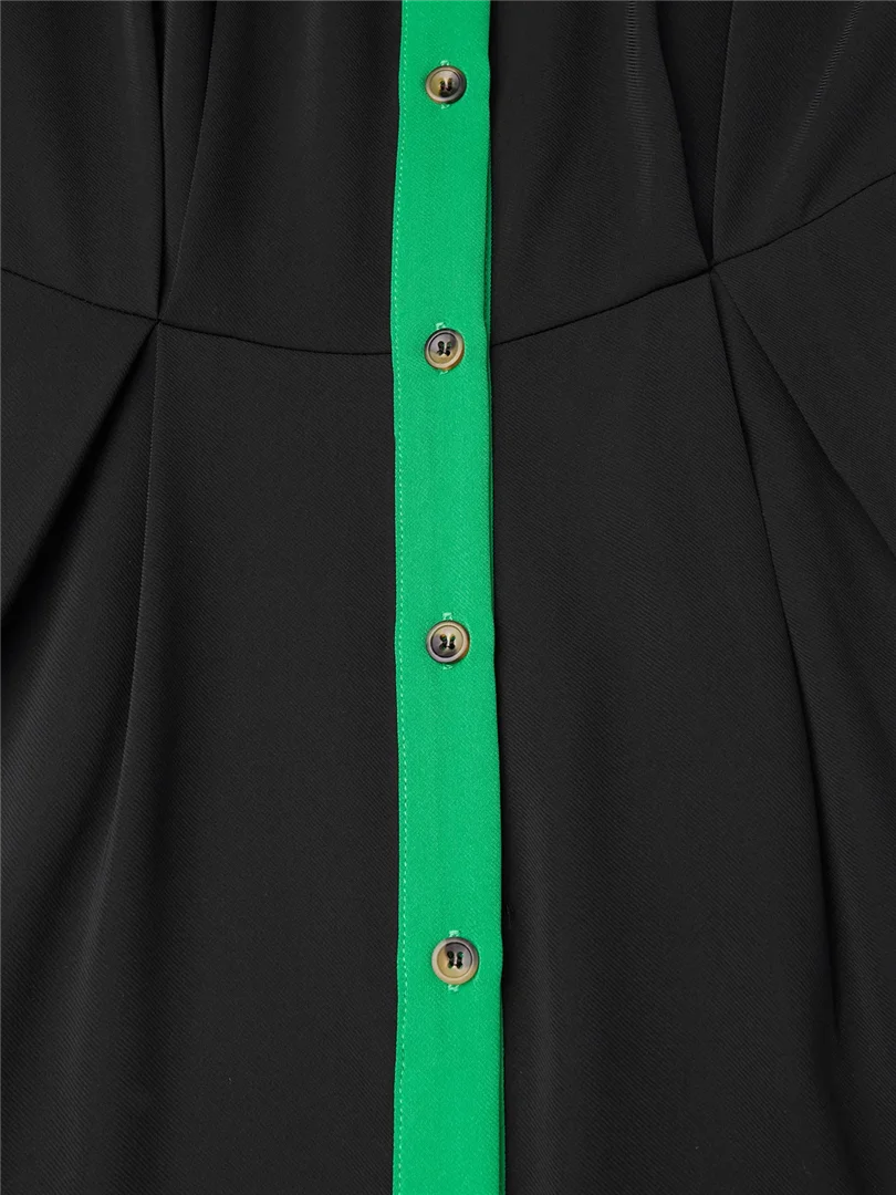 Plus Size Women Color Block Shirt Maxi Dress,Long Sleeve Collared Button Front High Slit Flowy Long Dress With Green Belt,Elegan view 6