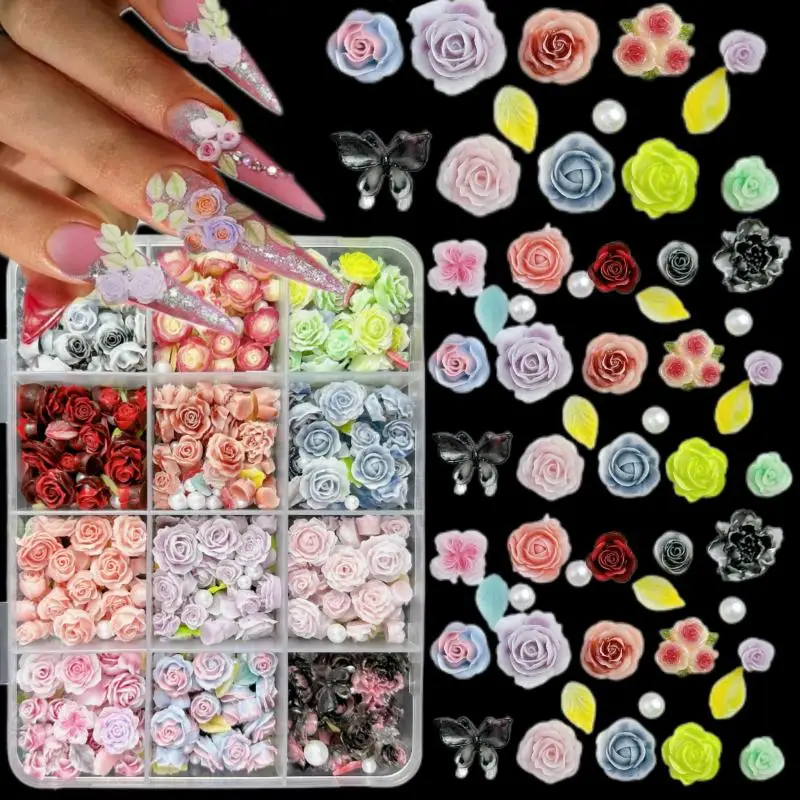 1Box Colorful Fudge Bear Star Nail Art Decorations Multiple Style Tulip Camellia Aurora Bow Shell Mixed Nail Charms DIY Manicure