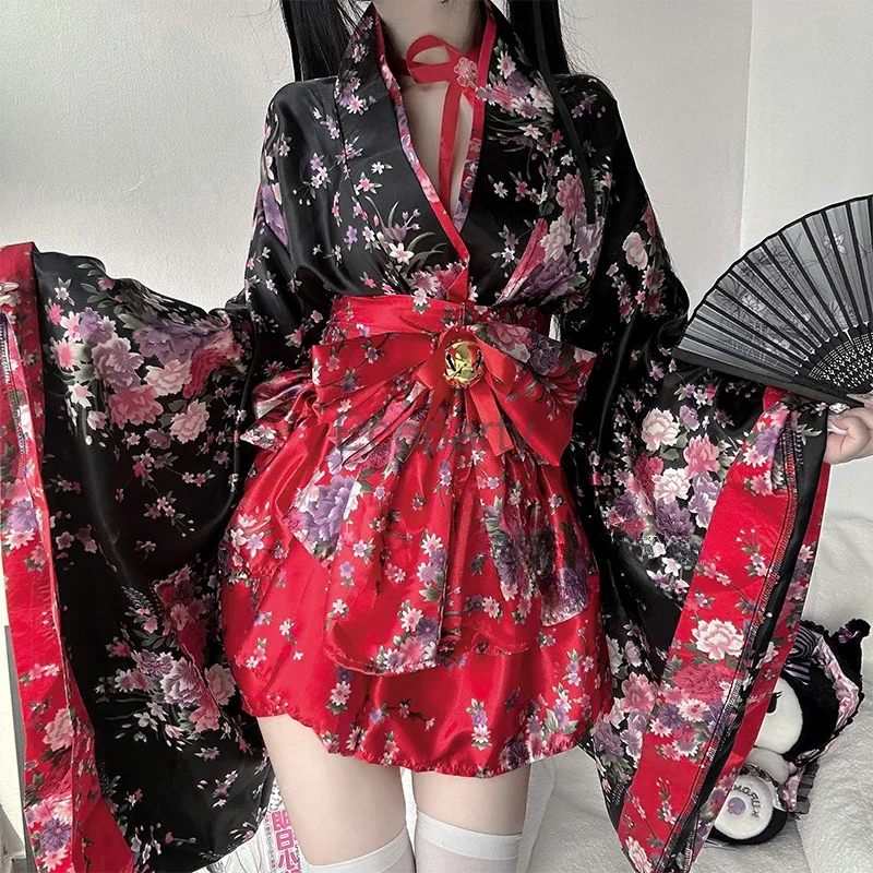 6pcs Kawaii Japanese Kimono Robe Traditional Pink Sakura Printed Bowknot Lolita Dress for Women Halloween Geisha Cosplay Costume