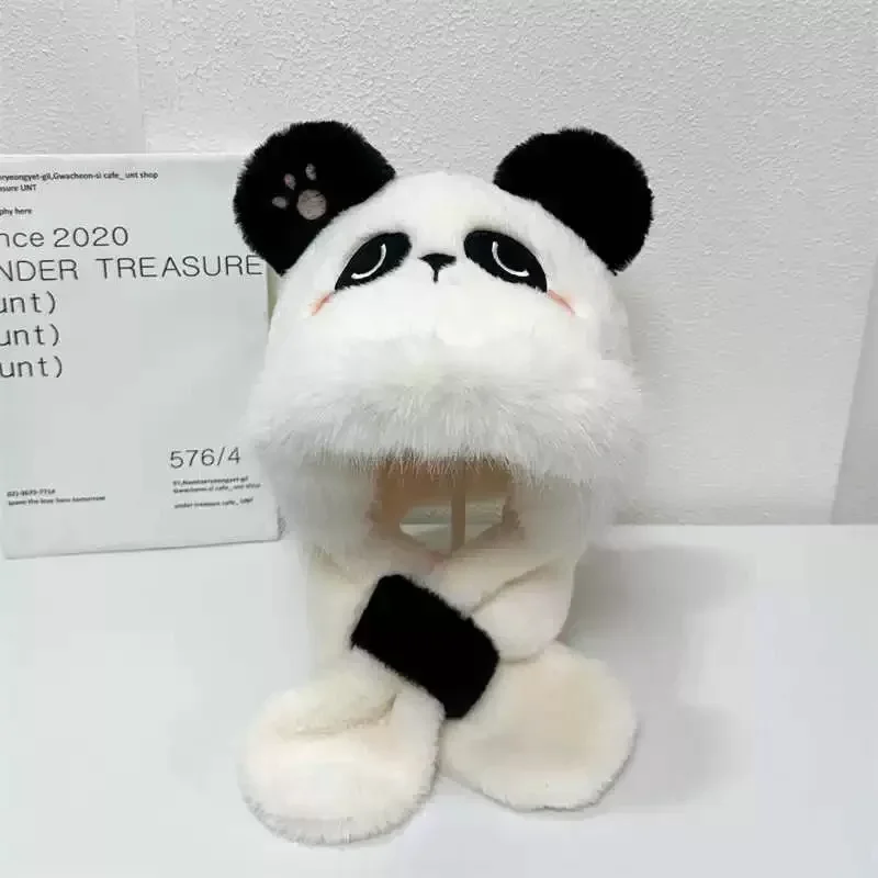 Flauschige Cartoon-Panda-Mütze für Kinder, Winter-Plüsch-Warme-Mütze mit Schal, Winddicht, Kälteschutz, Verdickte Beanie-Mütze für Jungen und Mädchen