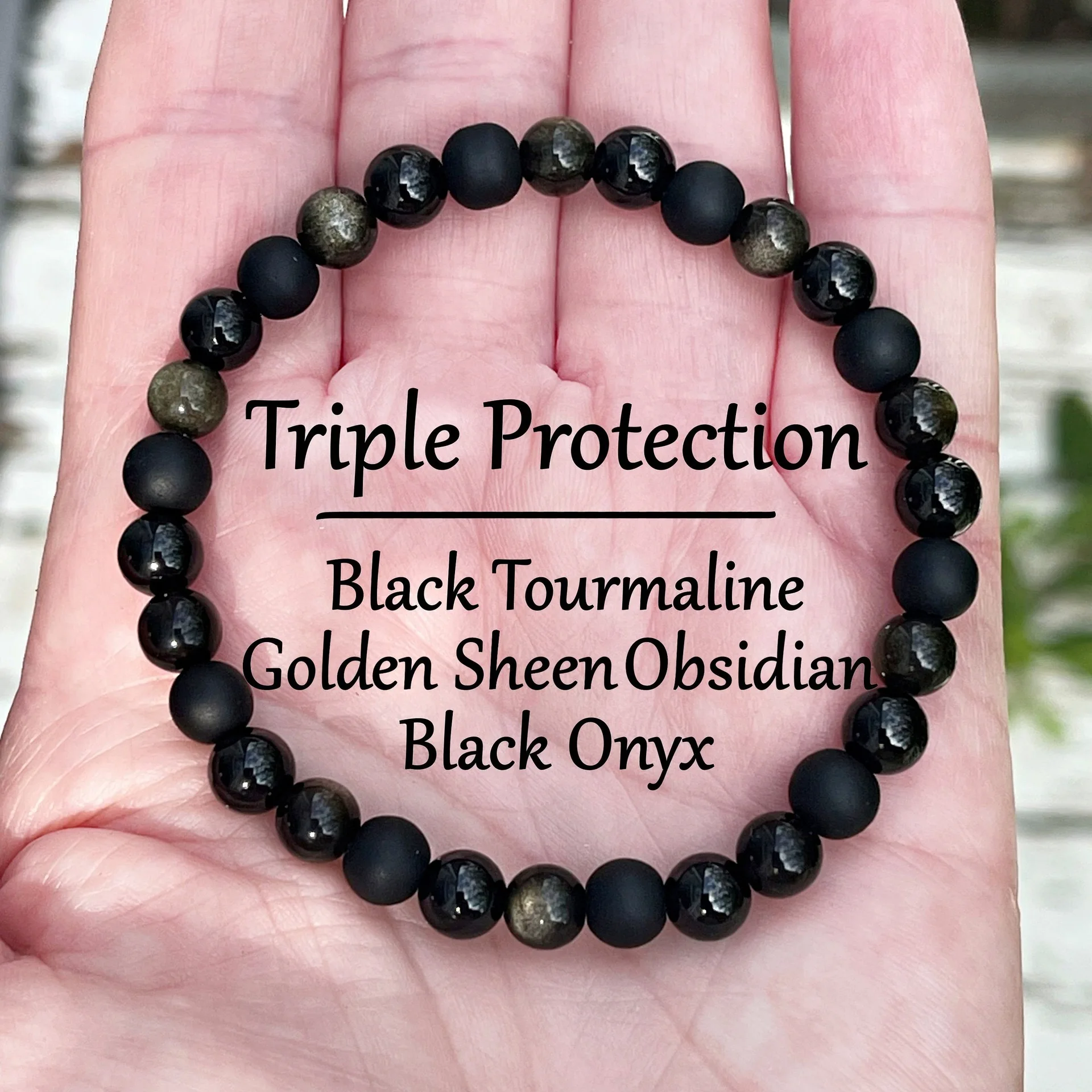 Nueva pulsera de triple protección, pulsera de piedra natural negra, pulsera de obsidiana dorada, pulsera de cuentas ajustable