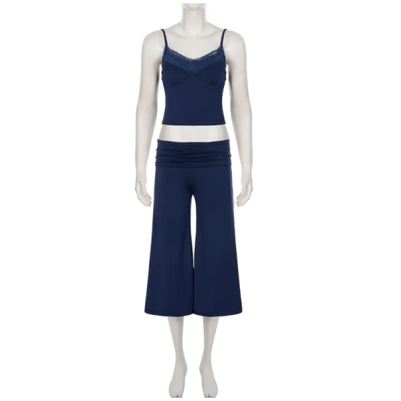 Low Waist Wide Leg Seven Inch Pants Women's Casual Loose Feelings Lace Trim Strap Flip Set Two Piece Suit Spring Fashion