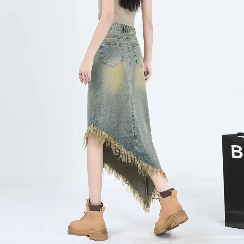 

2024 Summer Denim Skirt with Irregular Fur Hem Skirts