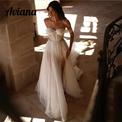 Customized Bohemia Dot Tulle Wedding Dress Off Shoulder Sweetheart Neck A-Line Bridal Gown Sweep Train Side Slit Dress 2025