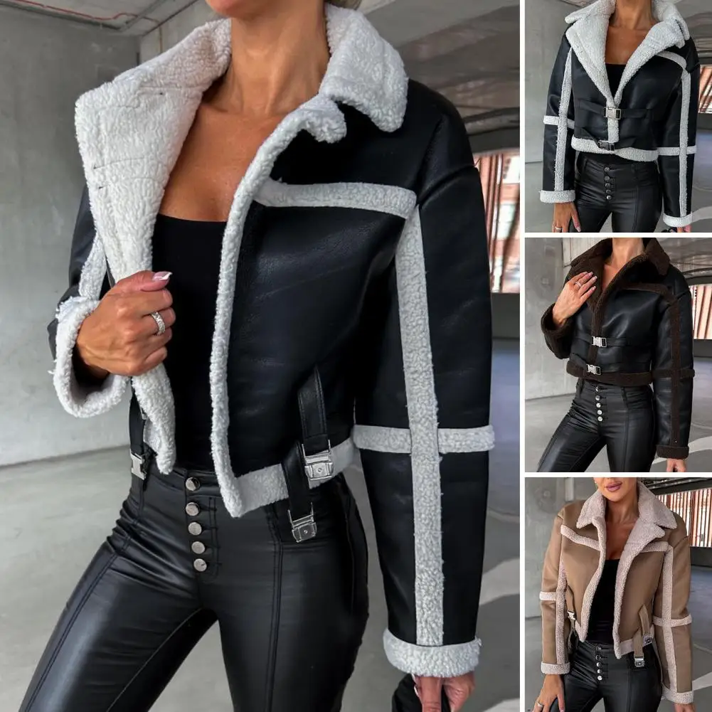 

Women Short Jacket Coats Faux Leather Jacket Plush Long Sleeve Cardigan Cropped Hatless Coat Ladies Vintage Motorcycle Outerwear