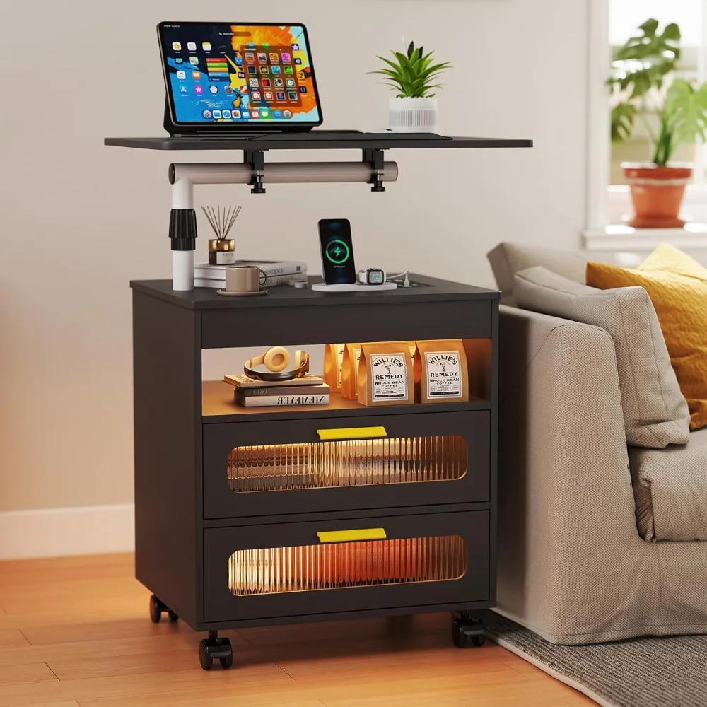 

LED Night Stand with Charging Station, Smart Nightstand wiht Human Body Lights, Modern Bedside Table has Adjustable Rotary Works