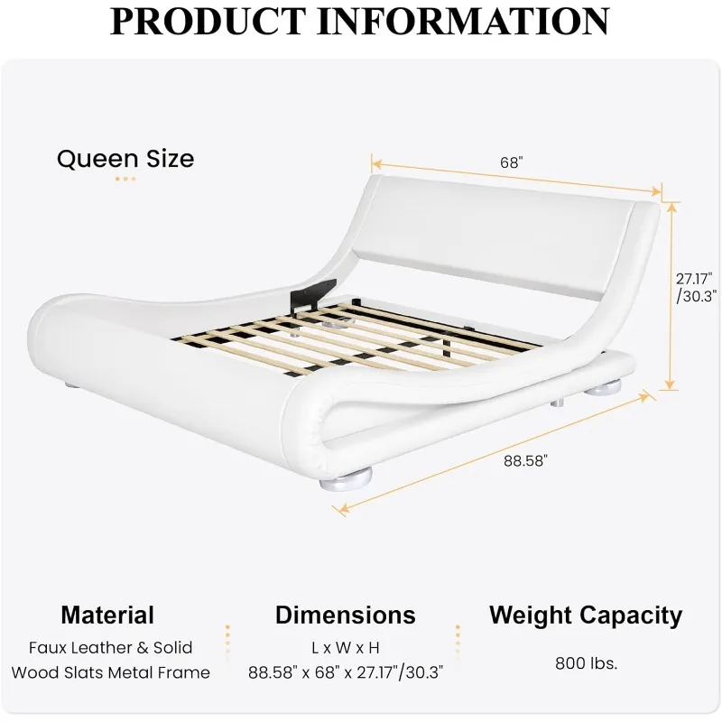 Queen Size Upholstered Bed Frame, Deluxe Low Profile Sleigh Bed with Faux Leather Ergonomics Headboard, No Box Spring Needed