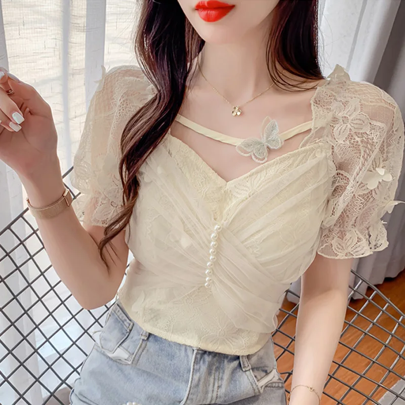 2023 Summer Puff Sleeve Off Shoulder Shirts Mesh Lace Bow Tops Sexy Sheer Buttoned Blouse For Women Blusa Mujer Blouses Ladies