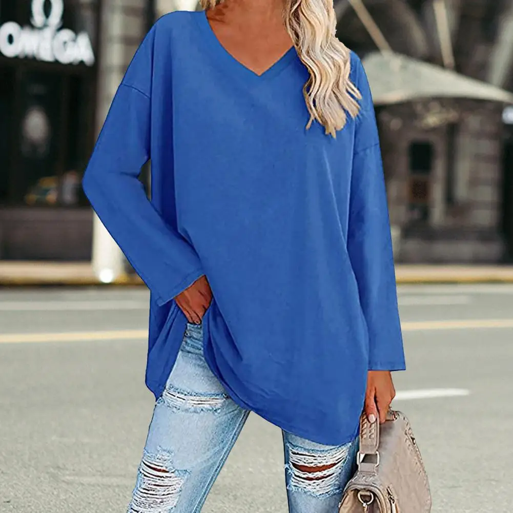 Fashion T-shirt Top  Breathable Stretchy Autumn Top  Solid Color Loose Lady Tunic Blouse