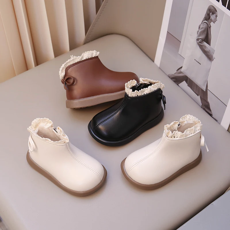 

Baby Girls Princess Leather Boots with Bow 2025 New Winter Toddler Plush Lining Boots Soft Sole Non-slip Comfort First Walker