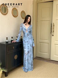 CHEERART Blue Mesh Long Sleeve Maxi Dress 2024 Women V Neck See Through Tunics A Line Summer Long Dress Designer Clothes