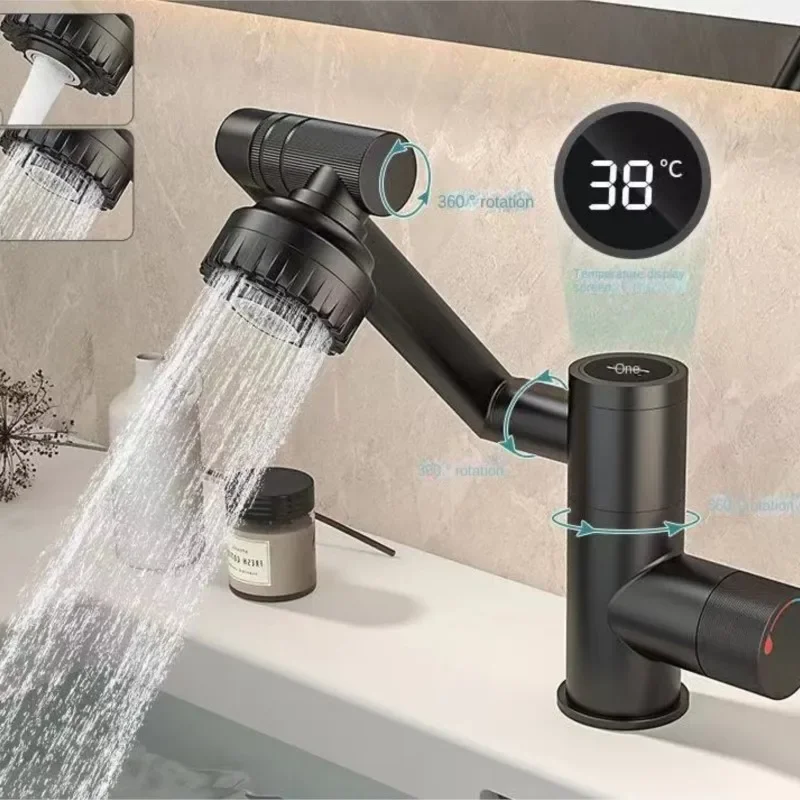 Basin Type Led Temperature Digital Display Faucet Hot And Cold Water 1080° Rotation Two Outlet Modes Bathroom Toilet Faucet