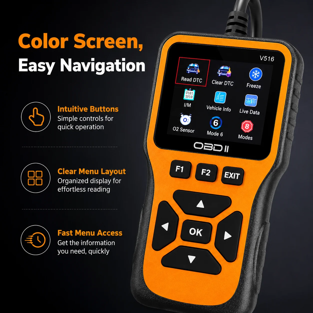 V516 OBD2 Diagnostic Scanner Silicone Button Version, Car Code Reader Live Data O2 Sensor Test Engine Fault Check Tool