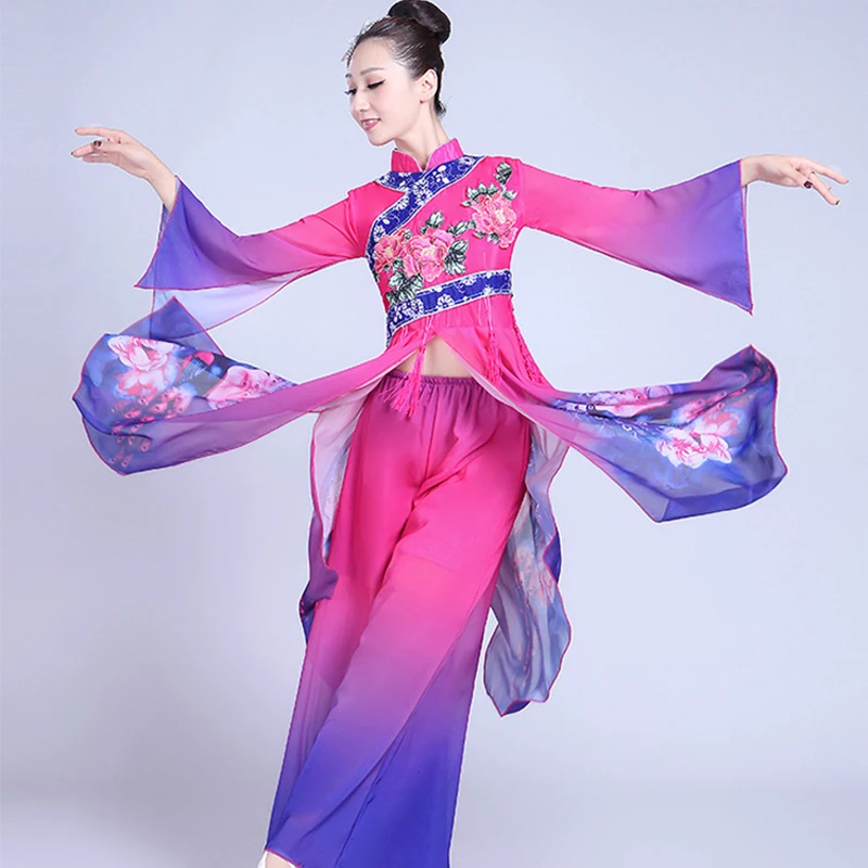 Traje de baile de abanico clásico para adultos, ropa de danza folclórica Yangko elegante, ropa de práctica de rendimiento, vestido tradicional chino Yangge