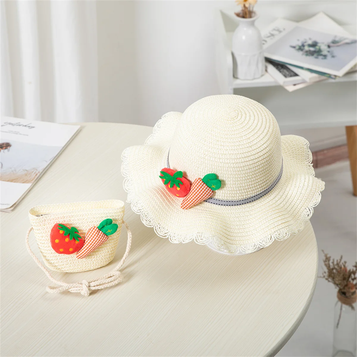 Outdoor Straw Hat Shoulder Bag Set Sun Caps Kids Girl Breathable Beach Hats Cherry Princess Seaside Panama Hat for Spring Summer
