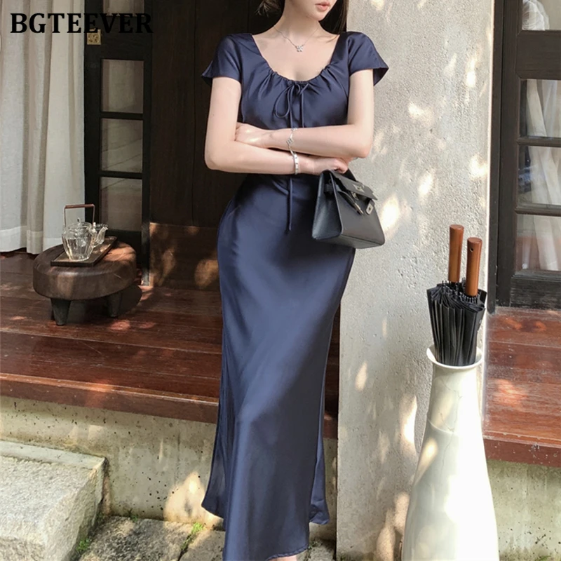 BGTEEVER エレガントなレースアップ半袖女性固体マーメイドドレス春夏ヴィンテージスリム女性パッケージヒップサテンドレス