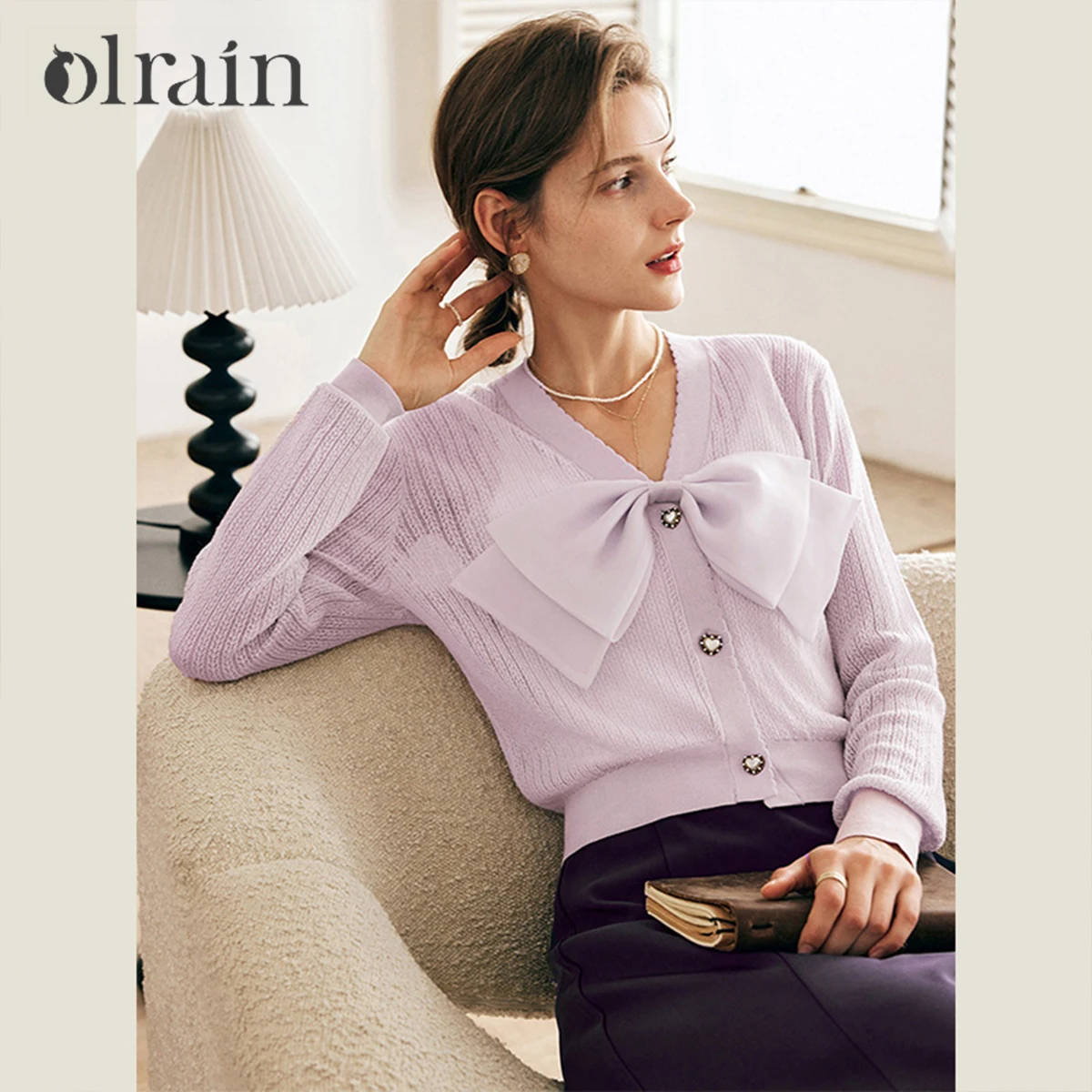 

OLrain Purple Knitted Cardigan Women Elegant Ruffled V-neck Bow Ladies Sweaters Winter 2025 Casual Long Sleeve Tops O23CZ66921