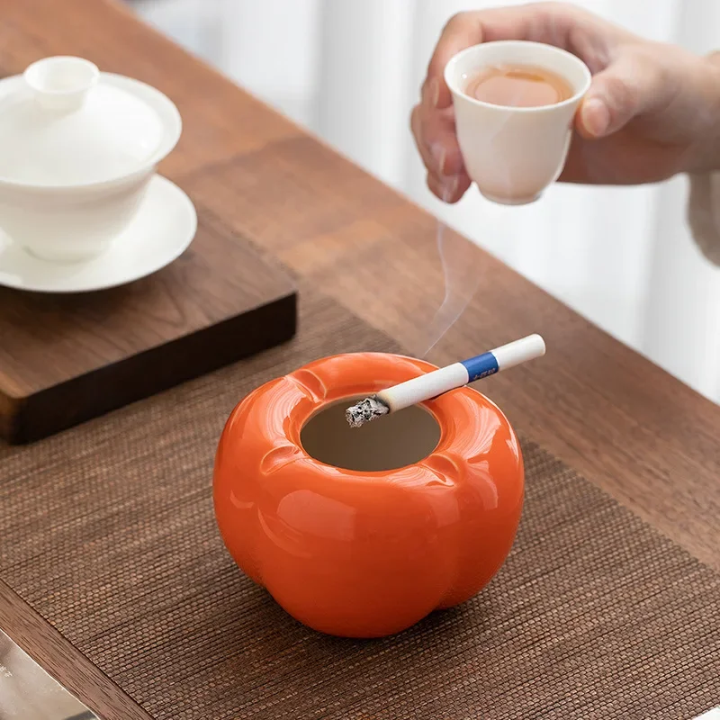 Persimmon Ashtray Ceramic Chinese Retro Creative Personality Home Living Room Office with Cover Fly Proof Gift