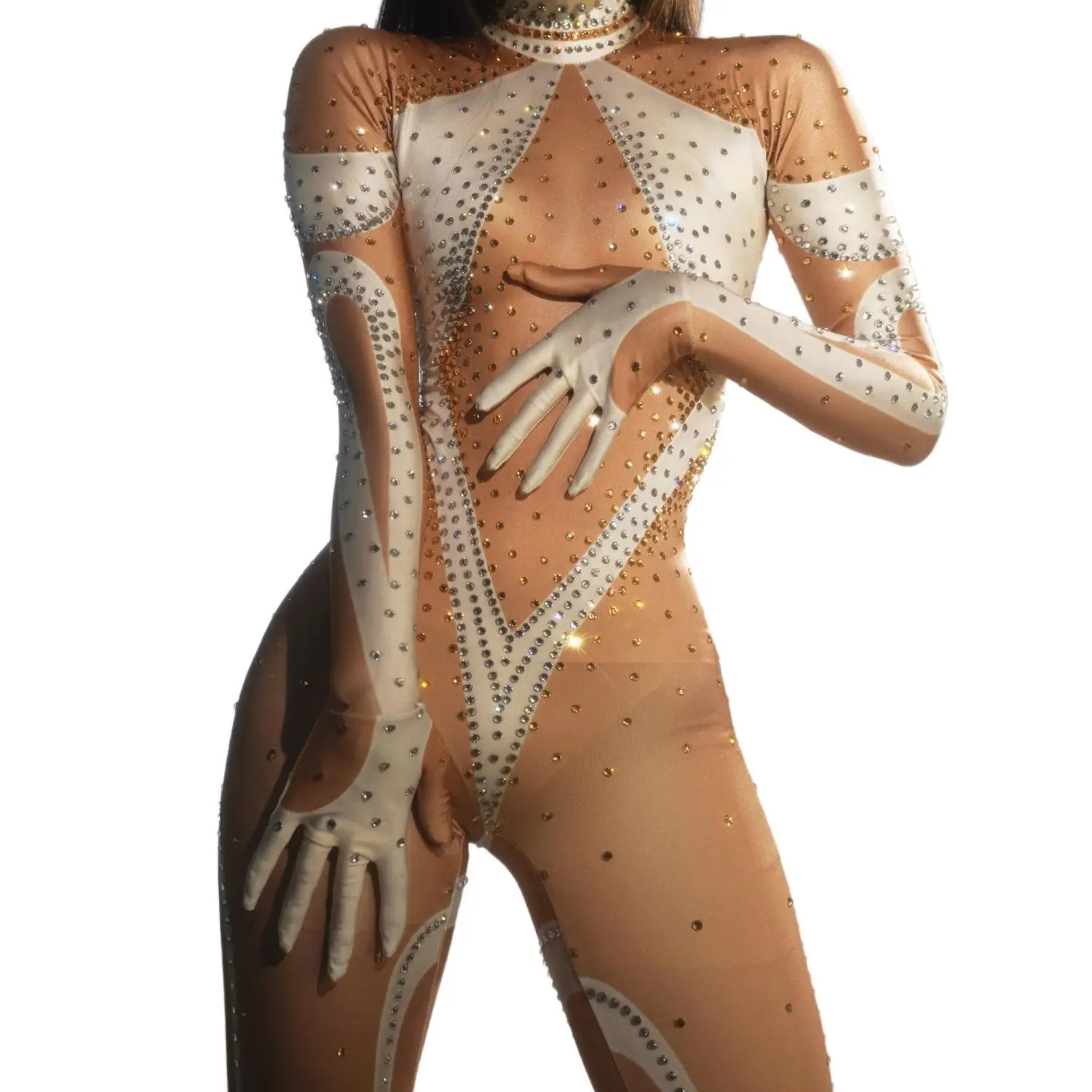 

Sexy Stage White Pattern Birthday Celebrate Evening Costume Fashion Rhinestones Jumpsuit Dancer Long Sleeve Jumpsuit Daopian