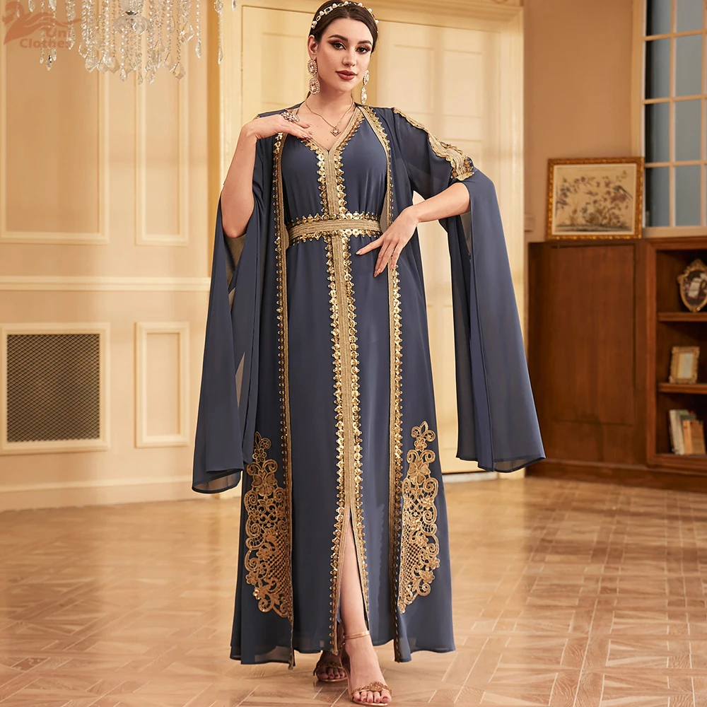 

Muslim Women Sequins Chiffon Two Piece Set Extra Long Sleeve Women's Jalabiya Ramadan Moroccan Dubai Stylish 2025