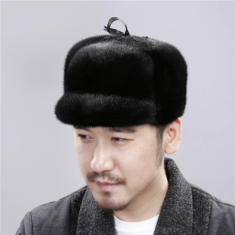 2024 Hot Sale Winter Man Top Real Mink Fur Bomber Hat Male Genuine Marten Head Warm Black/Brown Caps Best Gift For Dad Gorras