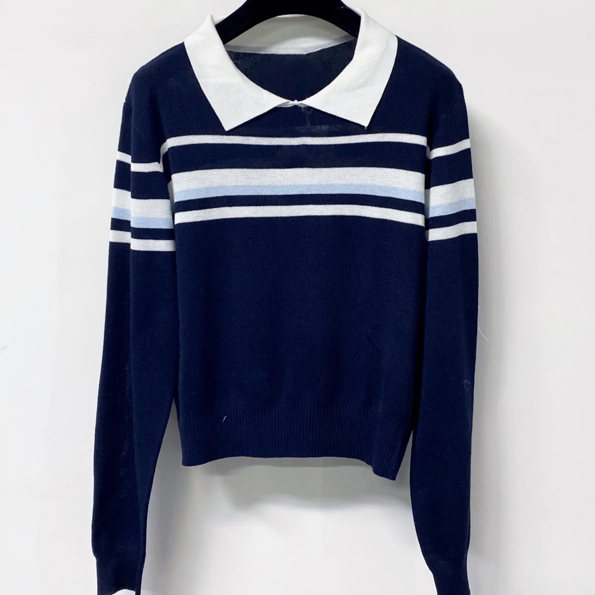 High Quality Women Long Sleeve Contrast Collar Striped Slim Fit Crop Casual Top lyt26726138